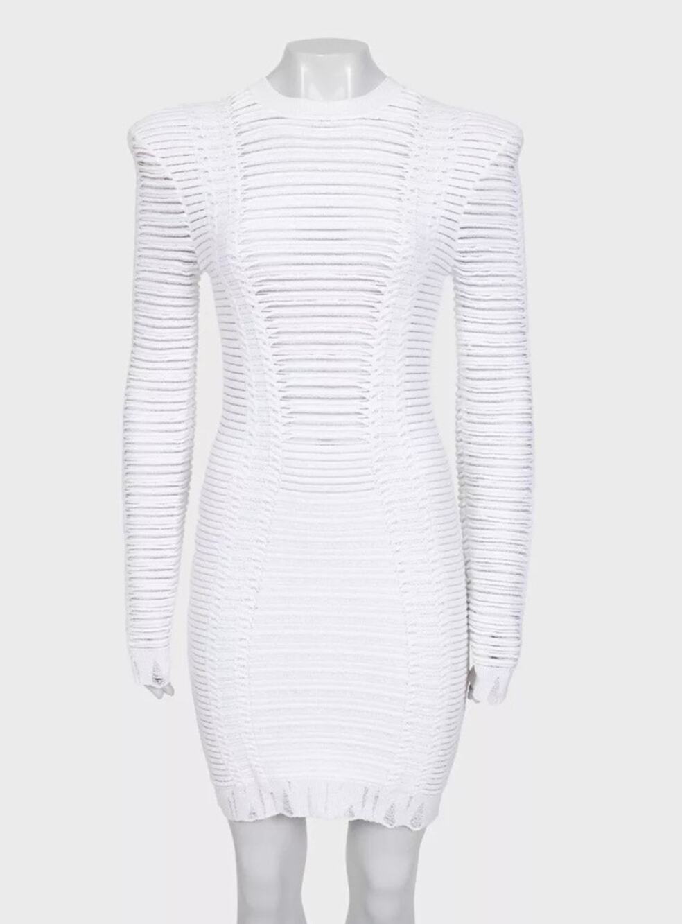 Balmain White Perforated Knit Bodycon Dress Gold Zip Size 36/ S